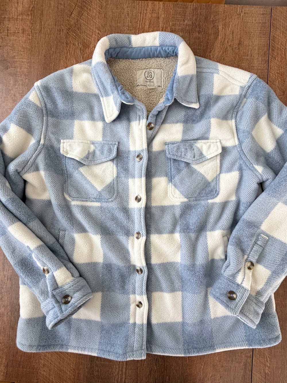 Women's Light Blue & White Check Sherpa Teddy Jacket